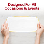 Durable clear disposable plates with a decorative gold rim, flat rectangular shape, and smooth raised edges, 10.6x5 inches, sold as a set of 120