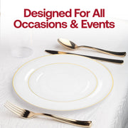 Durable clear plastic dinnerware with refined gold rim shown in use at holiday dinner service