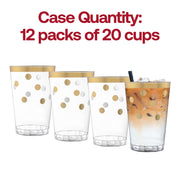 Durable clear plastic tumblers with gold dot accents, 12 oz capacity, offering both elegance and convenience, pack of 240
