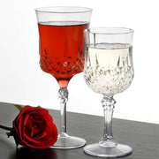 Durable crystal cut plastic wine glasses with an 8 oz capacity, offering the look of real glass with disposable convenience