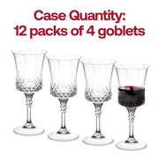 Durable crystal cut plastic wine goblets with an 11 oz capacity, offering a glass-like look with disposable convenience, pack of 48