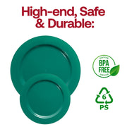 Durable disposable green plastic dinner plates with a 10.25-inch round design, pack of 120 for holiday occasions