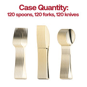 Durable gold plastic silverware set with a refined look, providing a full set for 120 guests