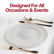 Durable gray plastic appetizer plates with a decorative gold rim, organic round shape, 7.5-inch diameter, sold as a set of 120