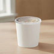 Durable, insulated 16 oz soup cups with clear plastic lids helping keep hot soups warm and prevent spills for guests on the go