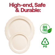 Durable ivory dinner plates featuring a 10-inch round design and a charming vintage pattern, BPA-free
