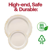 Durable ivory plastic dinner plates with a round shape and intricate gold vintage rim, BPA-free