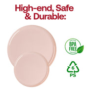 Durable pink flat round plates, 8.5-inch diameter, disposable and made of sturdy plastic, BPA-free
