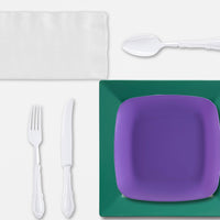 Durable plastic Green and Purple dinnerware ensures easy cleanup after big game gatherings.