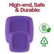 Durable purple rounded square buffet plates made of disposable plastic, 8.5 inches in diameter, perfect for gatherings