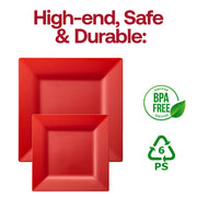 Durable red plastic dinner plates with a bold square design, 9.5-inch diameter, disposable, BPA-free