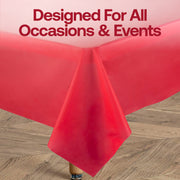 Durable red plastic tablecloth with a smooth finish, rectangular shape, and disposable design, ideal for event and catering use.