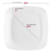 Durable solid white rounded square buffet plates made of disposable plastic, 8.5 inches in diameter, BPA-Free.