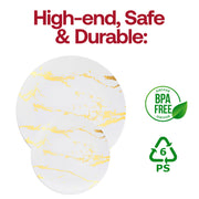 Durable white dinner plates with a 10.25-inch round design and gold marble strokes, BPA-free