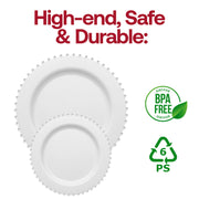 Durable white dinner plates with an elegant silver pearl string border, 10-inch round design, disposable, BPA-free