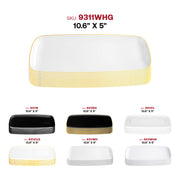 Durable white disposable plates with a sophisticated gold rim, flat rectangular design, and raised edges, 10.6x5 inches, 120-pack