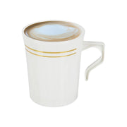 Durable white plastic coffee mugs with a gold edge rim, 8 oz capacity, offering a refined look with disposable convenience