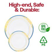 Durable white plastic dinner plates with a dual-tone blue and gold harmony rim, 10.25-inch size, BPA-free