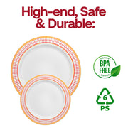 Durable white plastic plates featuring a bold red and gold chord pattern on the rim, 10.25-inch size, BPA-free