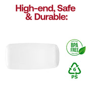 Durable white plastic plates with a flat raised edge and rectangular shape, 10.6x5 inches, 120-pack