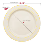 Durable white plastic plates with silver trim, combining style and convenience for special occasions.