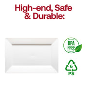 Durable white rectangular dessert plates made of plastic, 5.5 x 8.5 inches, disposable, BPA-free