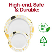 Durable white round dinner plates with black and gold abstract square accents, made from disposable plastic, BPA-free