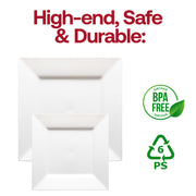 Durable white square plastic dinner plates, 9.5 inches, food-safe, sturdy, BPA-free