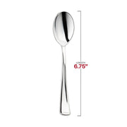 Each Shiny Metallic Silver Plastic Spoon measures 6.75 inches long — perfect for desserts, entrees, or side dishes