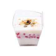 Eco-friendly clear small square disposable cups, 3.5 oz capacity, 2.25" x 2.25", perfect for sustainable serving, 288 cups per case.