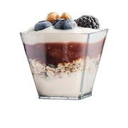 Eco-friendly clear square disposable mini cups with lids, 3.5 oz capacity, 2.25" x 2.25", perfect for sustainable events, 288 cups.