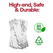 Eco-friendly disposable dinner napkins with a refined silver marble print, BPA-free and perfect for safe entertaining