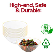 Eco-friendly disposable plastic bowls in clear with gold rim accents, 32 oz capacity, BPA-free