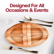 Eco-friendly palm leaf dinner plates with a round shape and 3 partitions, 10-inch diameter, pack of 100