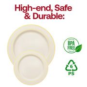 Elegant 10.25-inch ivory dinner plates with a stylish gold rim, sturdy plastic, BPA-free