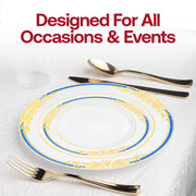 Elegant 10.25-inch white dinner plates with blue and gold harmony rim, made of durable disposable plastic, ideal for gatherings