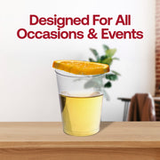 Elegant 10 oz clear plastic cups with a polished, glass-like appearance, ideal for weddings and special occasions