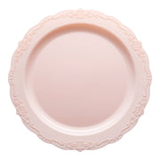 Elegant 120-pack of pink round plastic dinner plates, featuring a vintage design and 10-inch diameter for versatile use