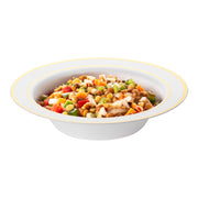 Elegant 12 oz. white soup bowls made of plastic with a shiny gold edge rim, 120-pack, great for upscale occasions