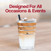 Elegant 12 oz clear plastic tumblers with silver stripes, offering a sophisticated touch for parties, sold as a 240-pack