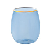 Elegant 12 oz light blue stemless plastic wine glass with metallic gold trim, chic disposable tableware for formal and casual celebrations.