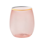 Elegant 12 oz rose pink stemless plastic wine glass with metallic gold trim, sophisticated disposable party supplies for any occasion.