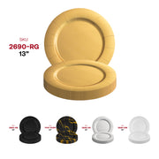 Elegant 13-inch gold paper charger plates, available in a bulk pack of 120 for convenient table settings