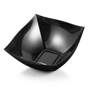 Elegant 16 oz black wave square disposable plastic bowl, chic and sturdy versatile serving bowl for weddings, parties, and catered events.