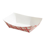 Elegant 1 lb red plaid paper food boat, chic and sturdy heavyweight disposable tray for sophisticated carnival-themed wedding party supplies.