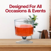 Elegant 2 oz clear plastic disposable mini wine glasses, great for formal tastings, weddings, and stylish entertaining
