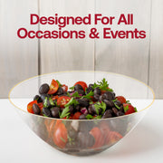 Elegant 32 oz clear plastic bowls with a gold rim, round and organic, perfect for serving, sold in packs of 60