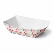 Elegant 4 oz red plaid paper food boat, chic and sturdy disposable tray for sophisticated carnival-themed wedding party supplies.