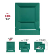 Elegant 6.5-inch square cake plates in hunter green, made of sturdy plastic, ideal for desserts