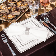Elegant 6.5-inch white plates with silver square edge rim, made of durable disposable plastic, pack of 120 for gatherings